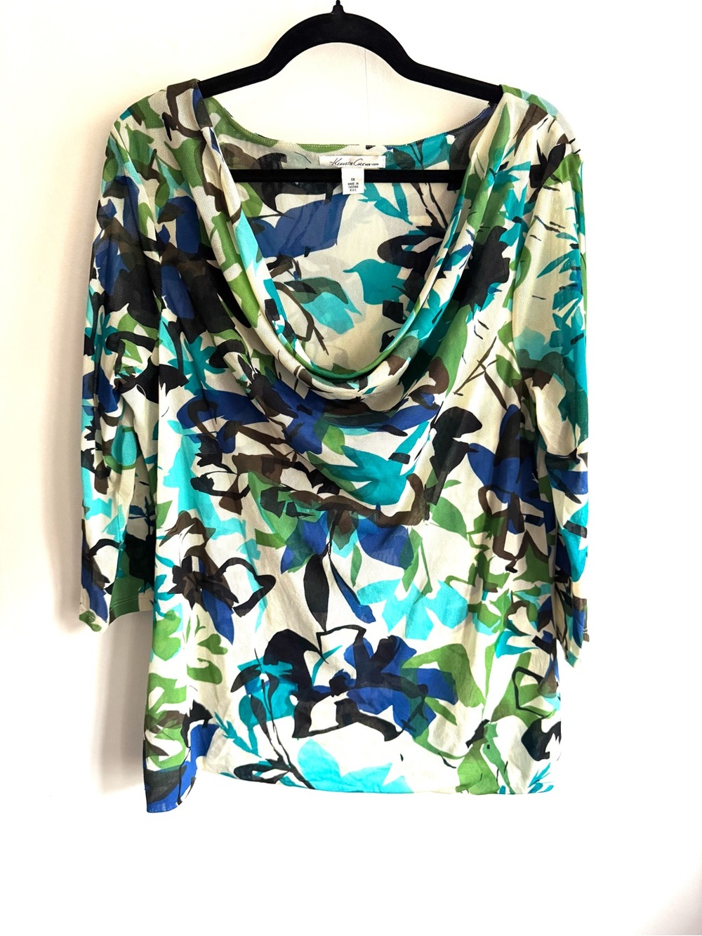 Kenneth Cole Teal Blue Green Floral Cowl-Neck Blouse